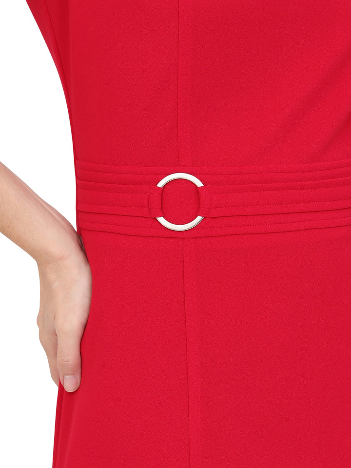 Vestido Cuello V, Manga Corta, Liso,Con Aplicación en la Cintura