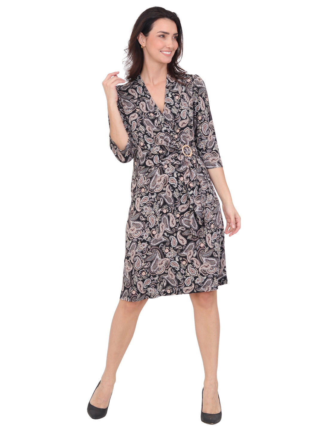 Vestido Cuello V, Con Aplicación en la Cintura, Estampado