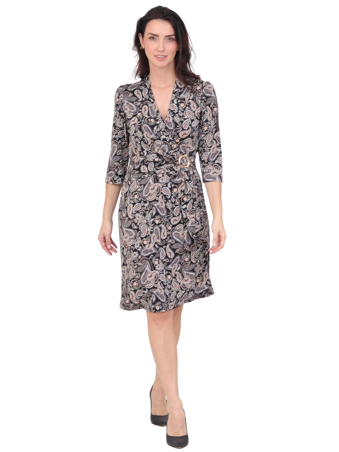 Vestido Cuello V, Con Aplicación en la Cintura, Estampado