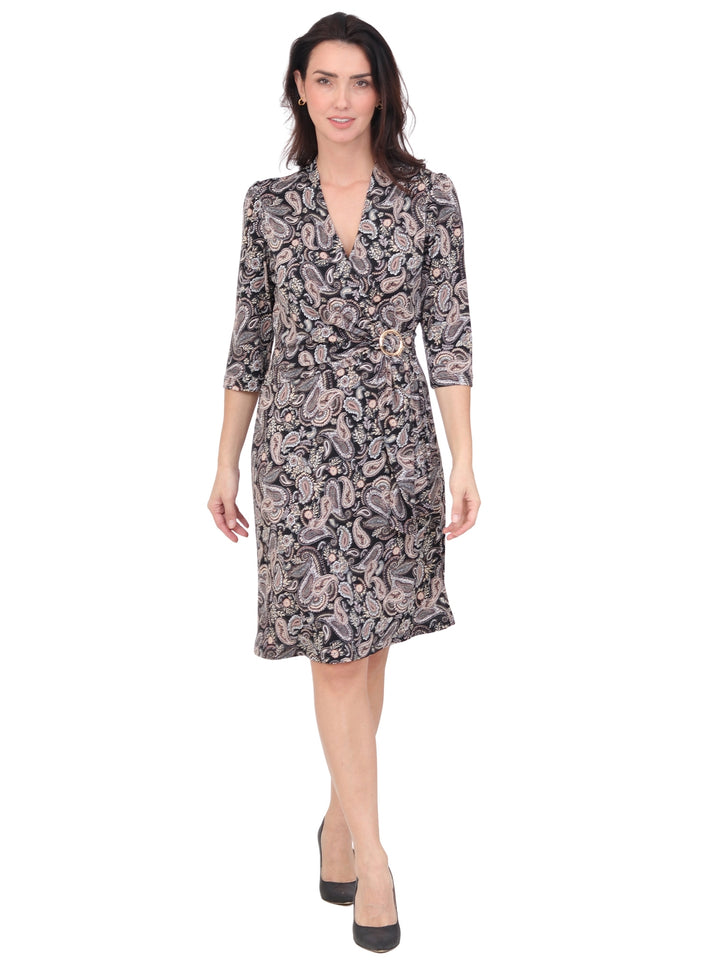 Vestido Cuello V, Con Aplicación en la Cintura, Estampado