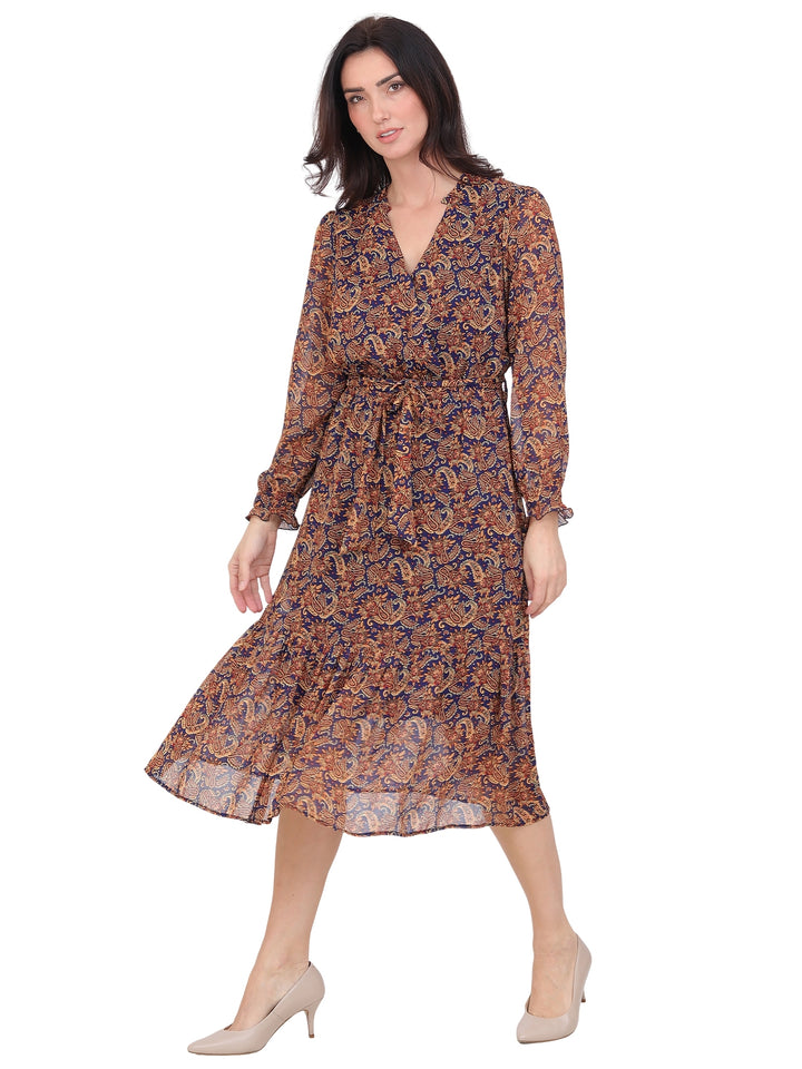 Vestido Cuello V, Manga 3/4, Estampado, Largo