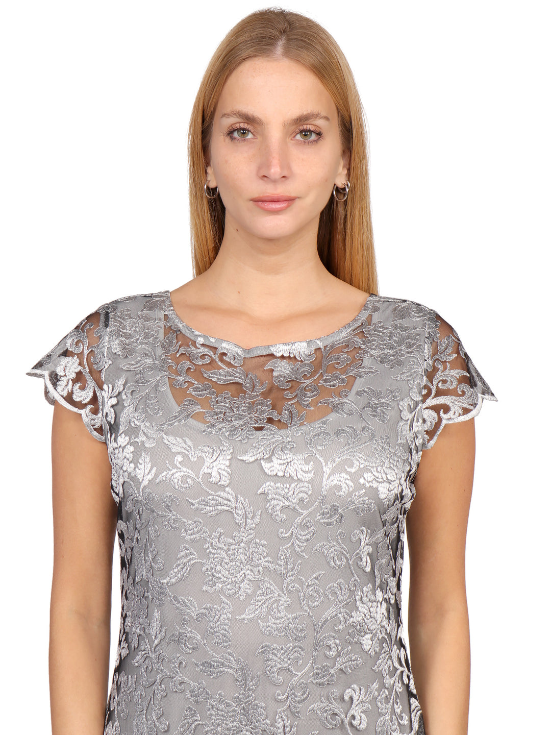 Vestido Cuello Redondo, Recto, Manga Corta, Encaje