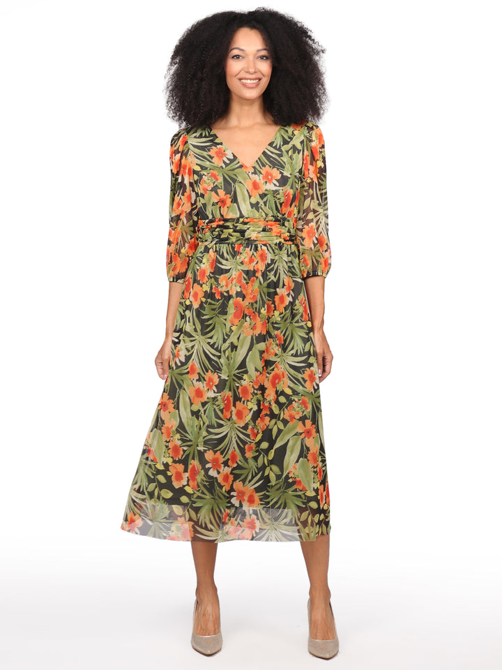 Vestido Cuello V ,  Manga 3/4, Con Resorte, Estampado