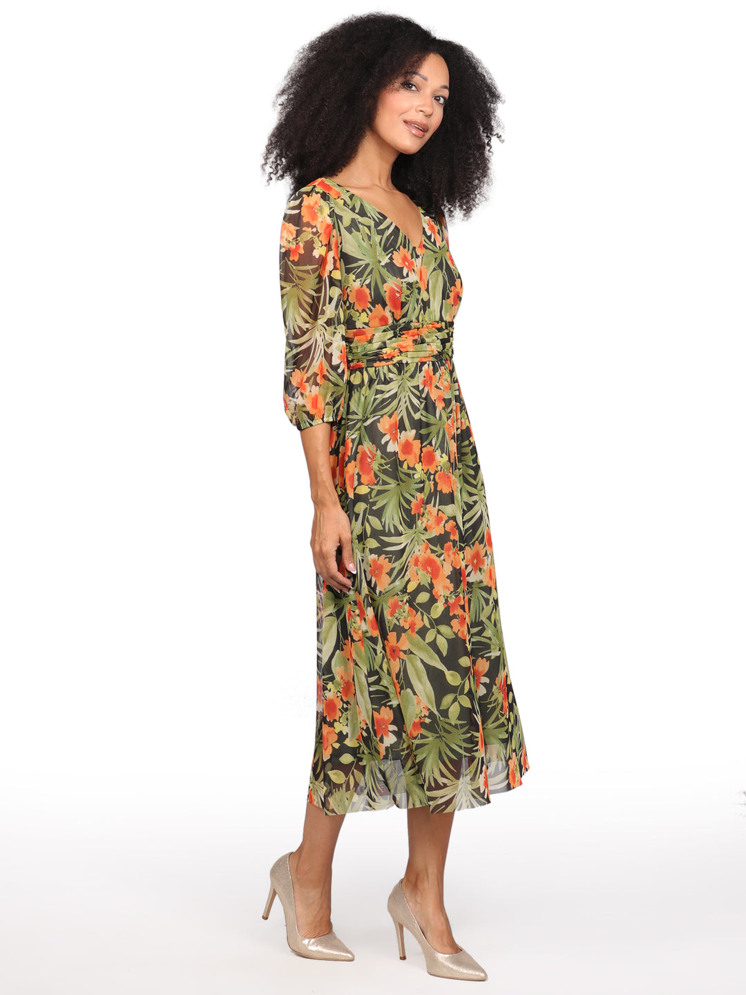 Vestido Cuello V ,  Manga 3/4, Con Resorte, Estampado