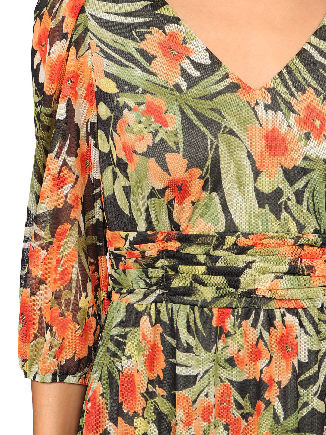 Vestido Cuello V ,  Manga 3/4, Con Resorte, Estampado