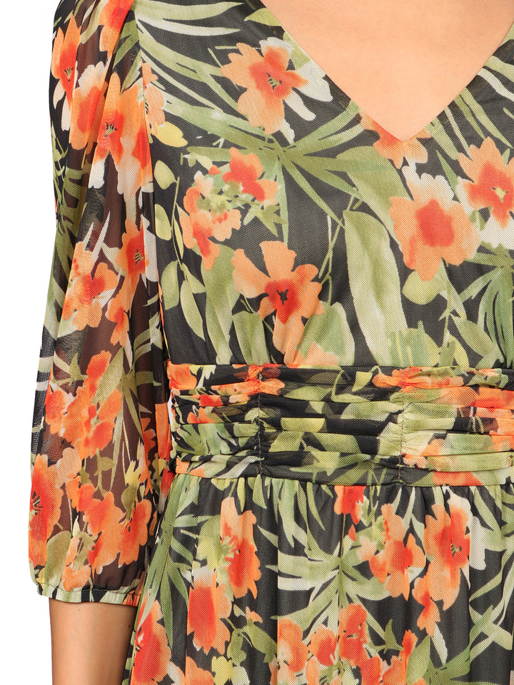 Vestido Cuello V ,  Manga 3/4, Con Resorte, Estampado