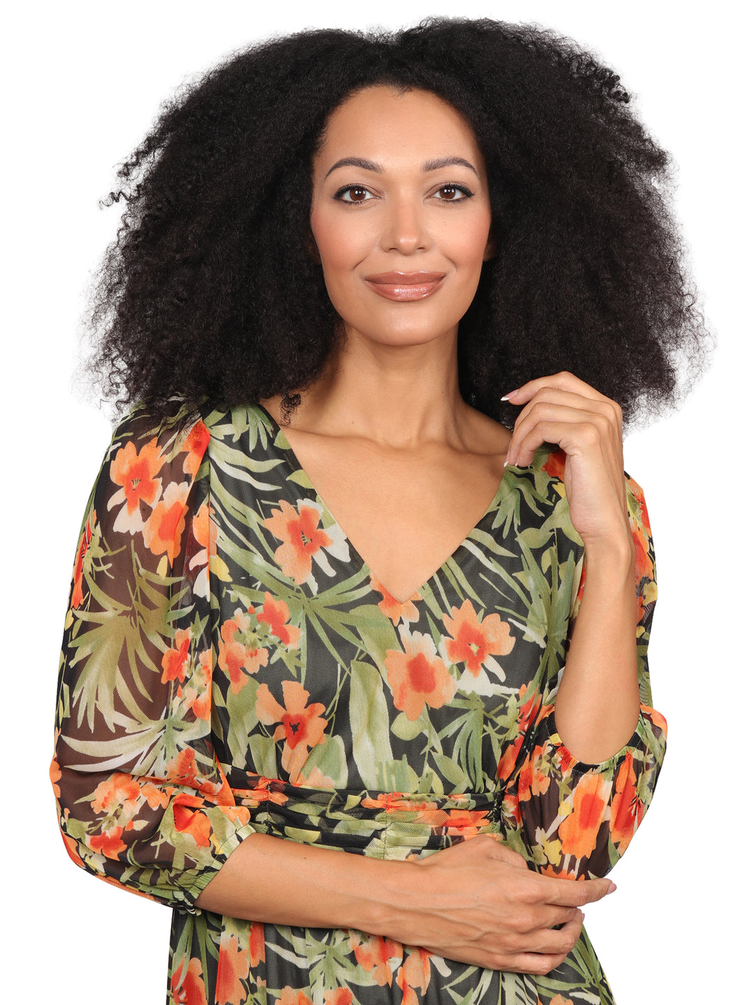 Vestido Cuello V ,  Manga 3/4, Con Resorte, Estampado