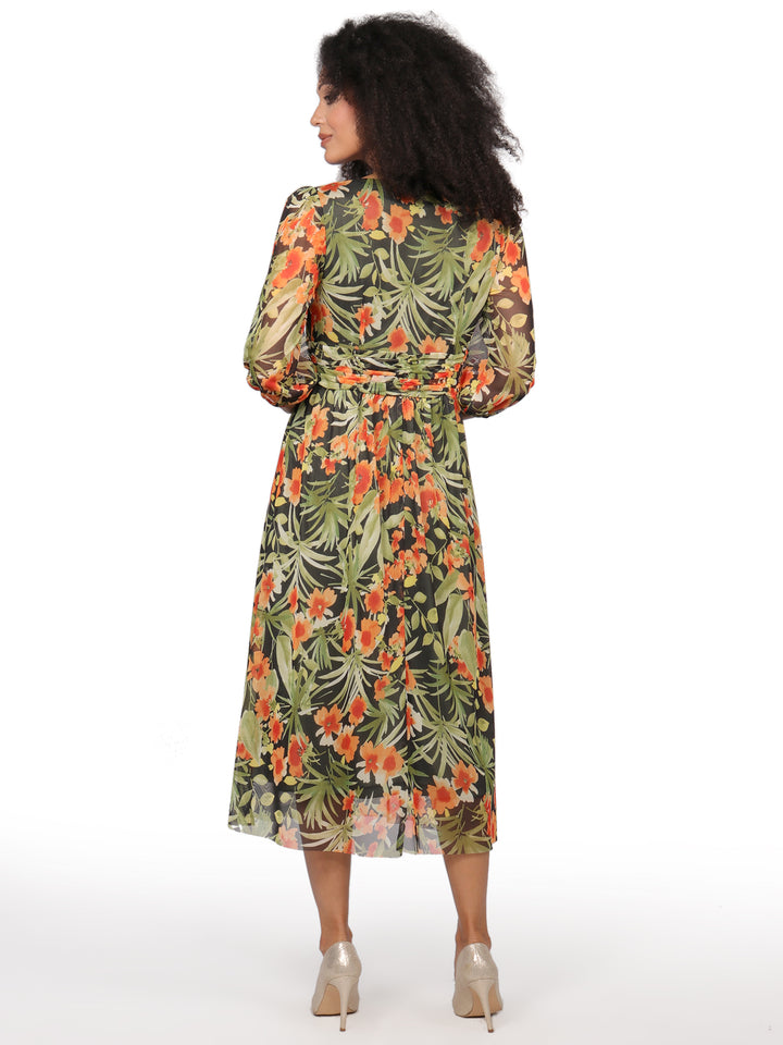 Vestido Cuello V ,  Manga 3/4, Con Resorte, Estampado