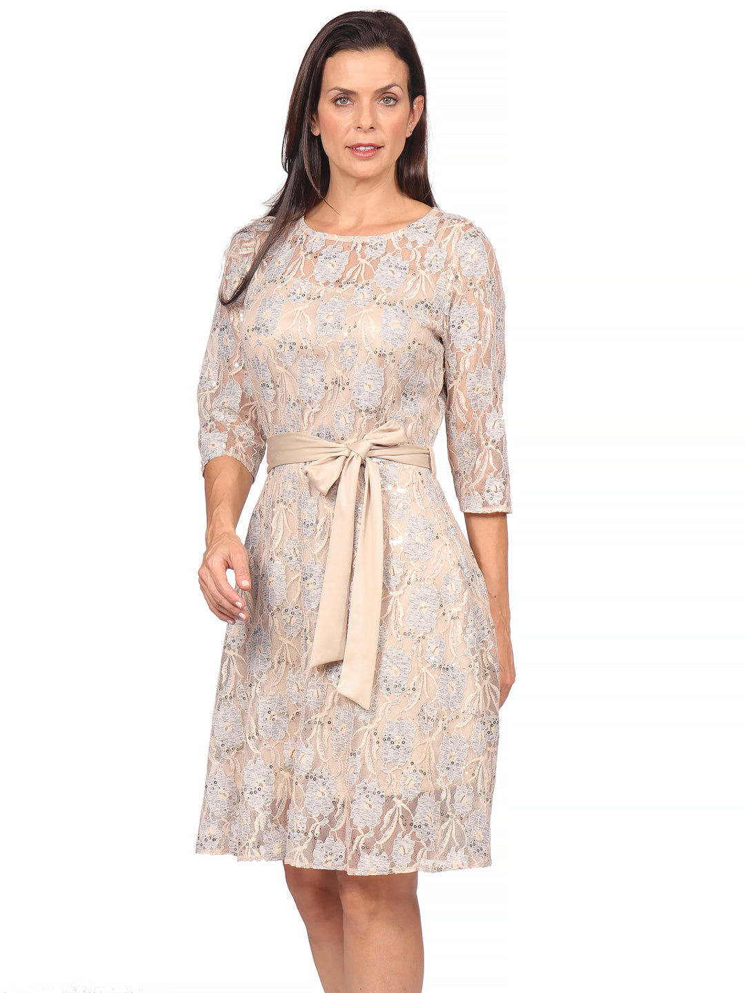 Vestido, Cuello Redondo,  Manga 3/4,  Encaje con Amarre en la Cintura