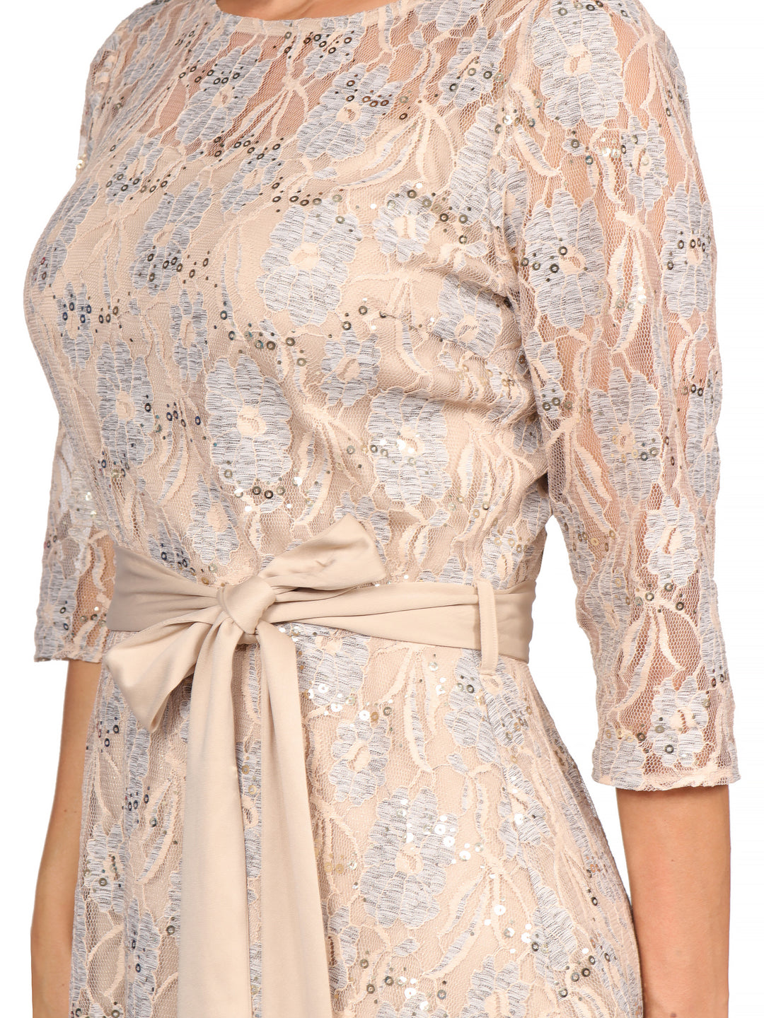 Vestido, Cuello Redondo,  Manga 3/4,  Encaje con Amarre en la Cintura