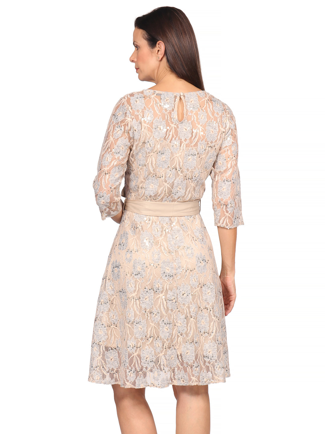 Vestido, Cuello Redondo,  Manga 3/4,  Encaje con Amarre en la Cintura