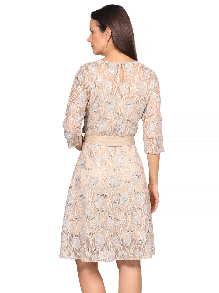 Vestido, Cuello Redondo,  Manga 3/4,  Encaje con Amarre en la Cintura