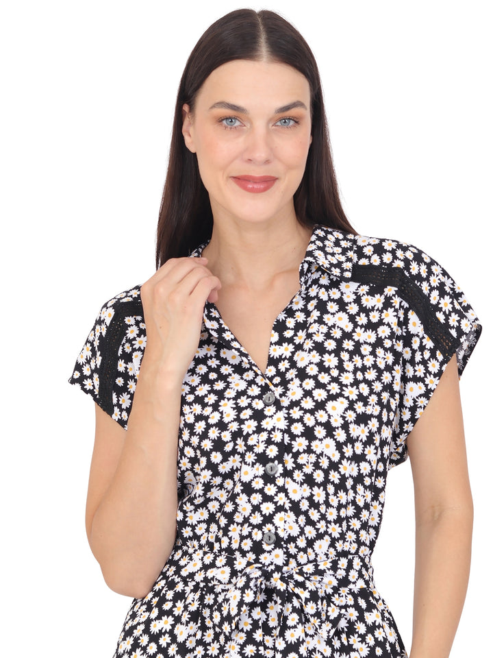 Vestido  Cuello V, Botones al Frenta , Amarre en la Cintura