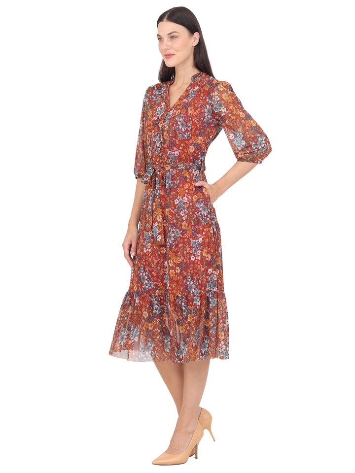 Vestido  Cuello V, Botones al Frenta , Amarre en la Cintura