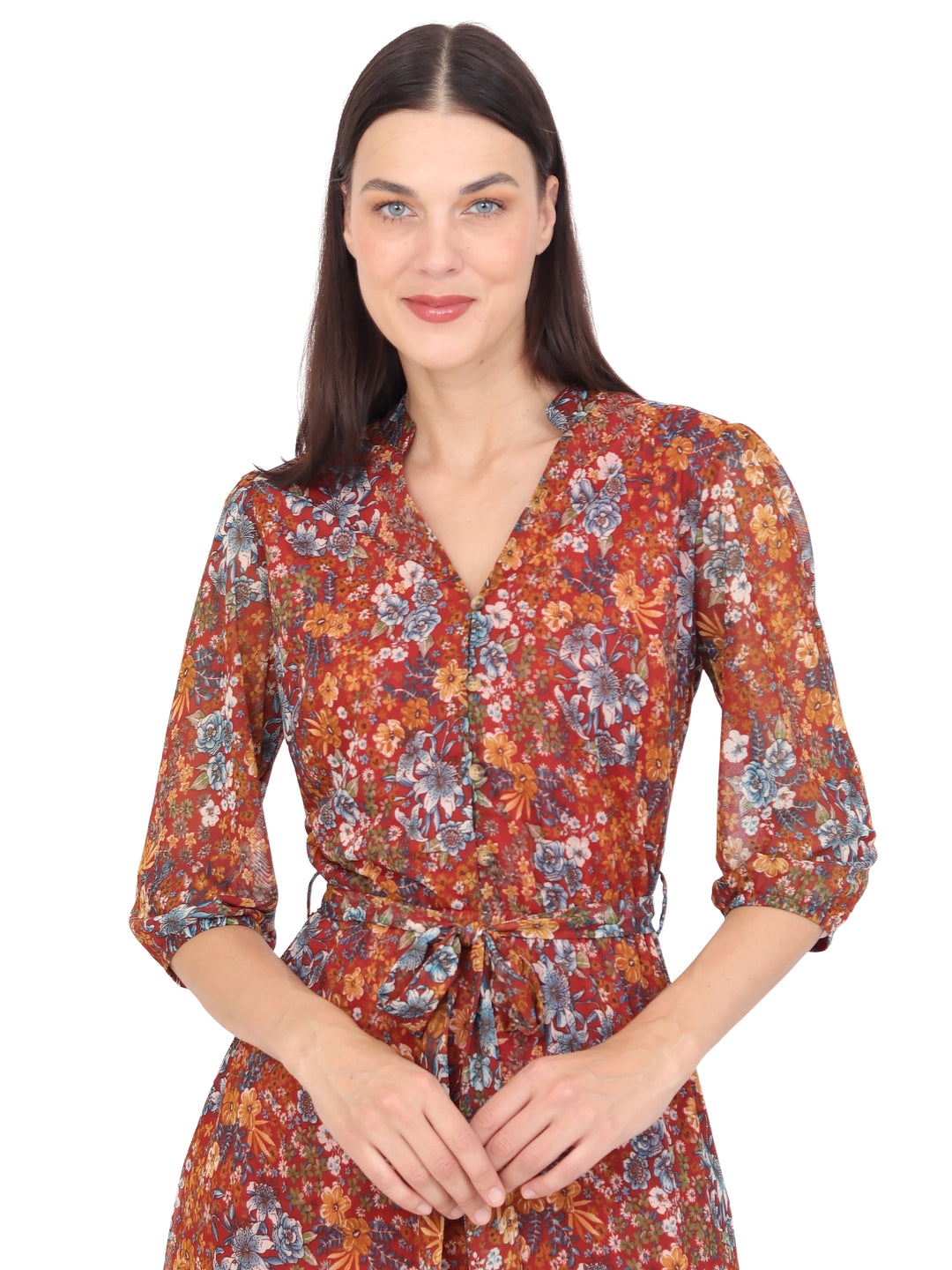 Vestido  Cuello V, Botones al Frenta , Amarre en la Cintura