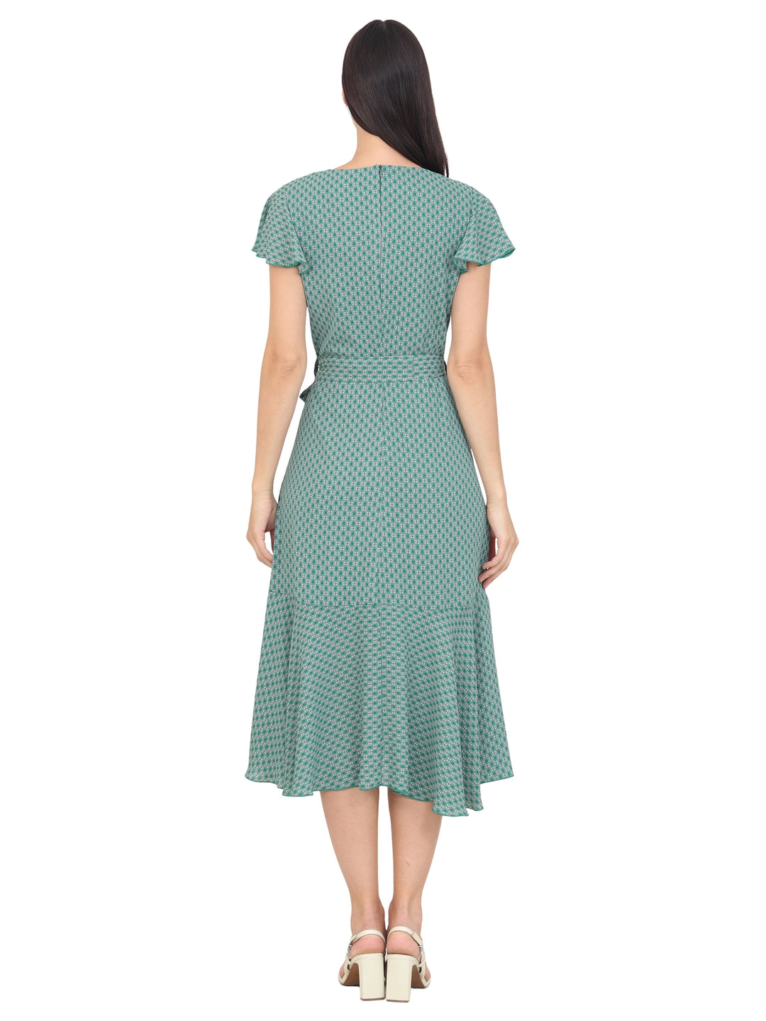 Vestido Cuello  V Cuzado, Amarre en la Cintura, Estampada