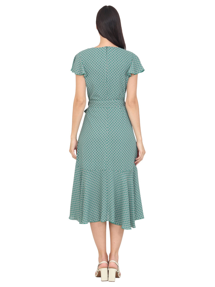 Vestido Cuello  V Cuzado, Amarre en la Cintura, Estampada