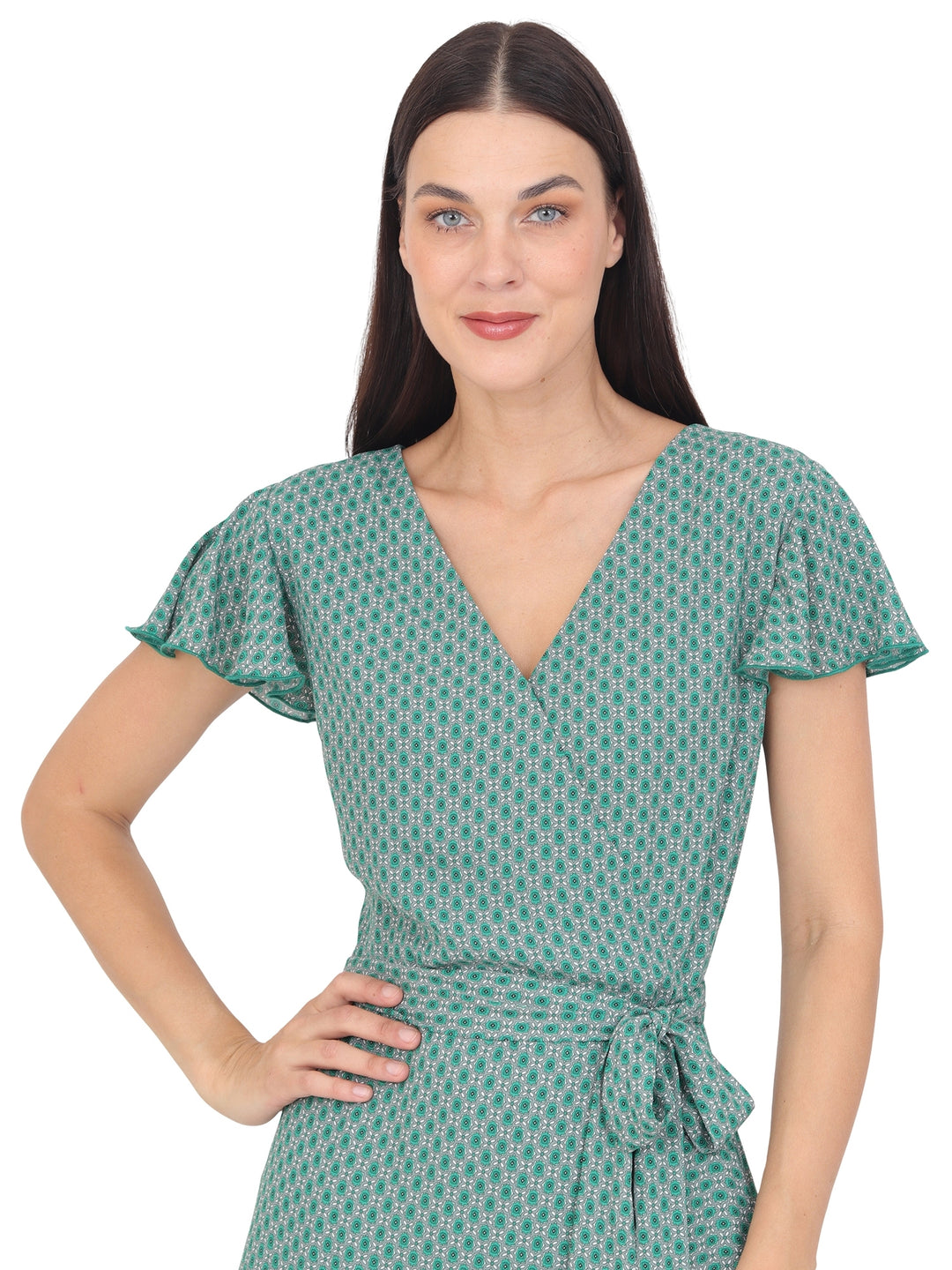 Vestido Cuello  V Cuzado, Amarre en la Cintura, Estampada