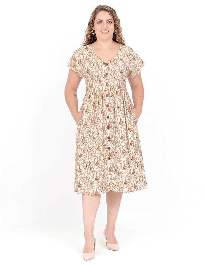 Vestido  Cuello V, Manga Corta, Botones al Frente ,Estampado