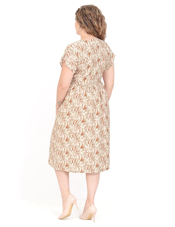 Vestido  Cuello V, Manga Corta, Botones al Frente ,Estampado