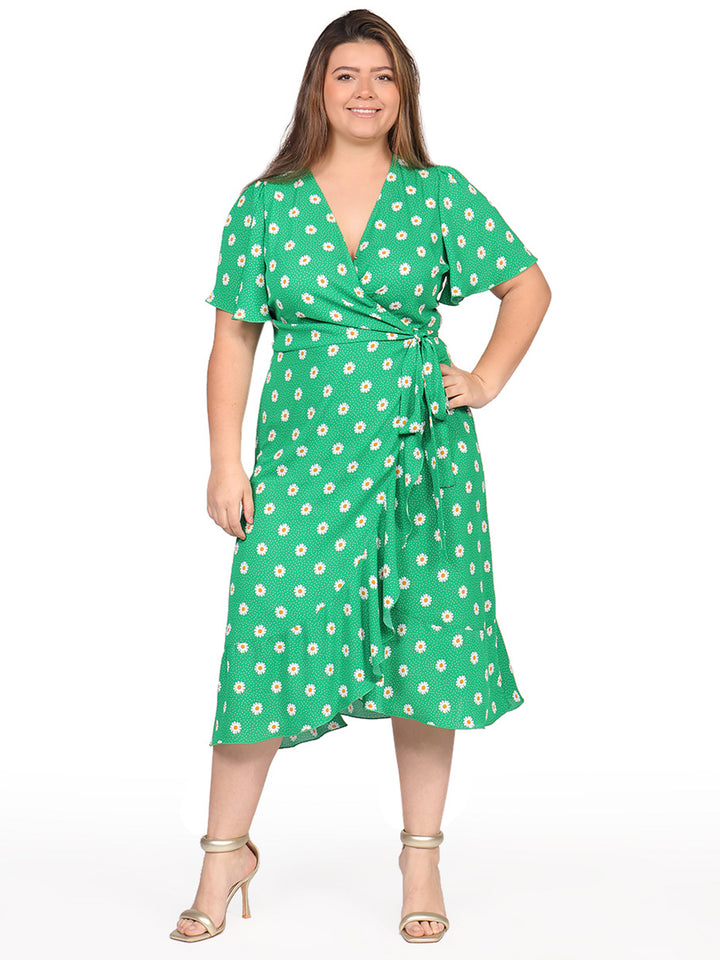 Vestido Curvy Carilo, Cuello en V,Cruzado,  Manga Olán, Estampado