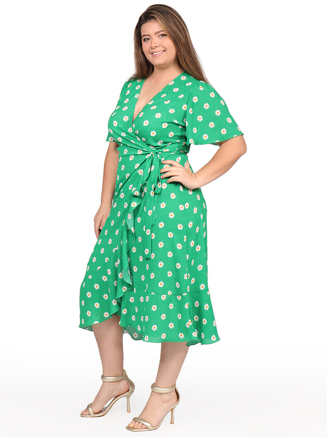 Vestido Curvy Carilo, Cuello en V,Cruzado,  Manga Olán, Estampado