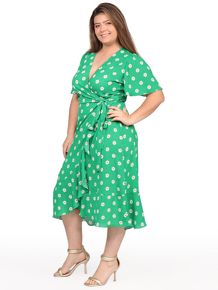 Vestido Curvy Carilo, Cuello en V,Cruzado,  Manga Olán, Estampado