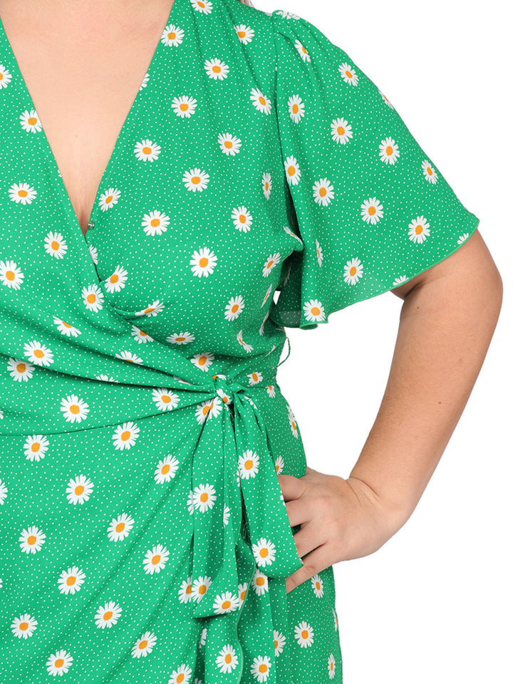 Vestido Curvy Carilo, Cuello en V,Cruzado,  Manga Olán, Estampado