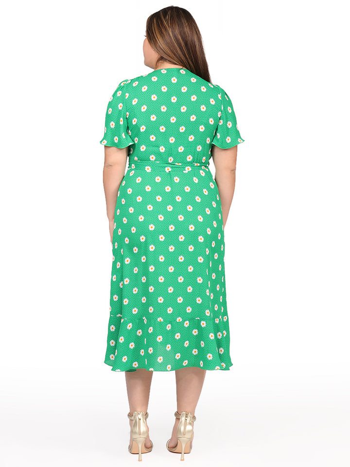 Vestido Curvy Carilo, Cuello en V,Cruzado,  Manga Olán, Estampado