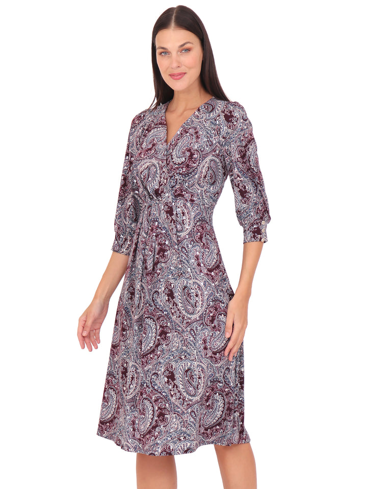 Vestido Cuello V, Manga 3/4, Estampado
