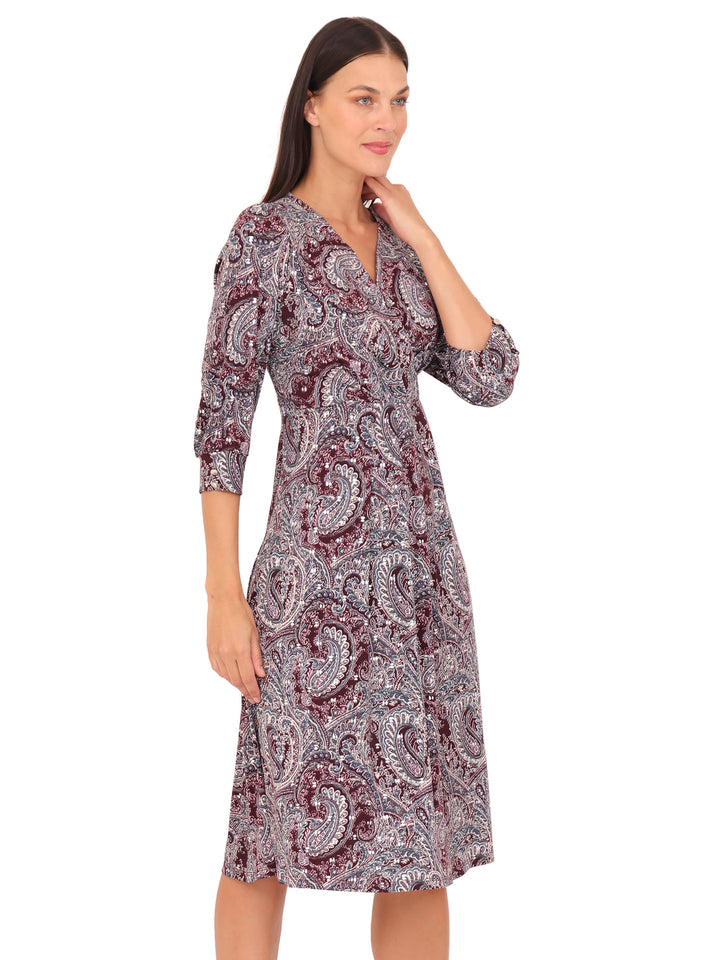 Vestido Cuello V, Manga 3/4, Estampado