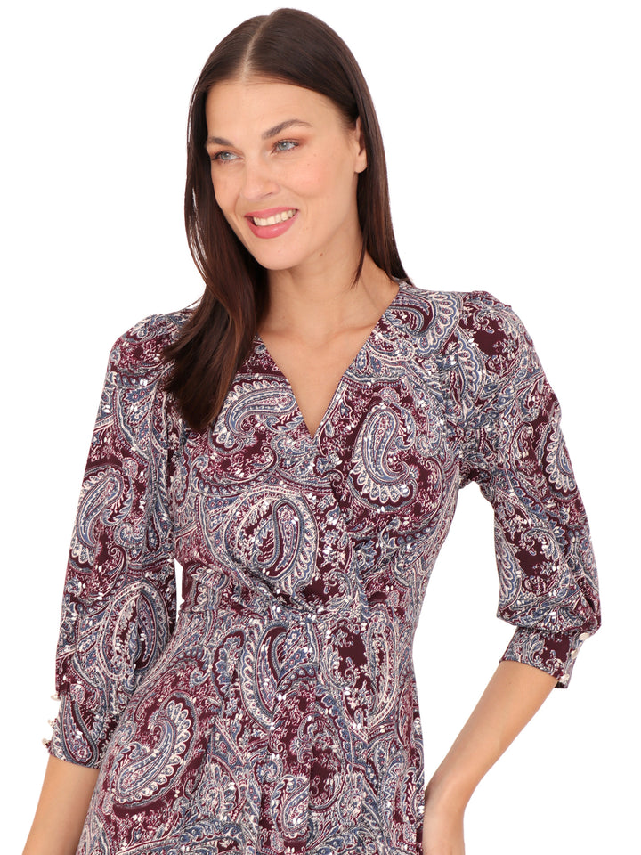 Vestido Cuello V, Manga 3/4, Estampado