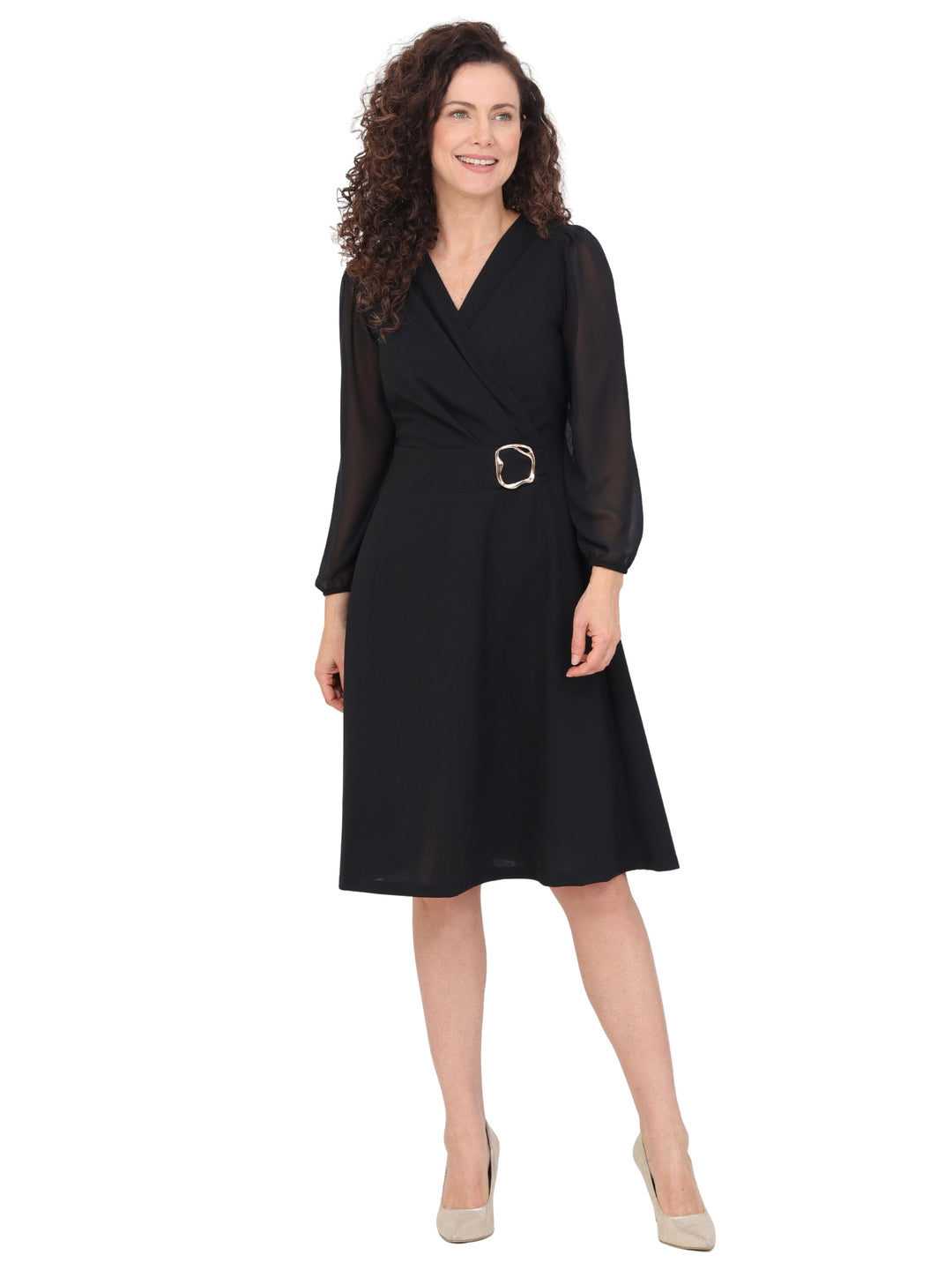 Vestido Cuello V, Con Aplicación en la Cintura, Liso