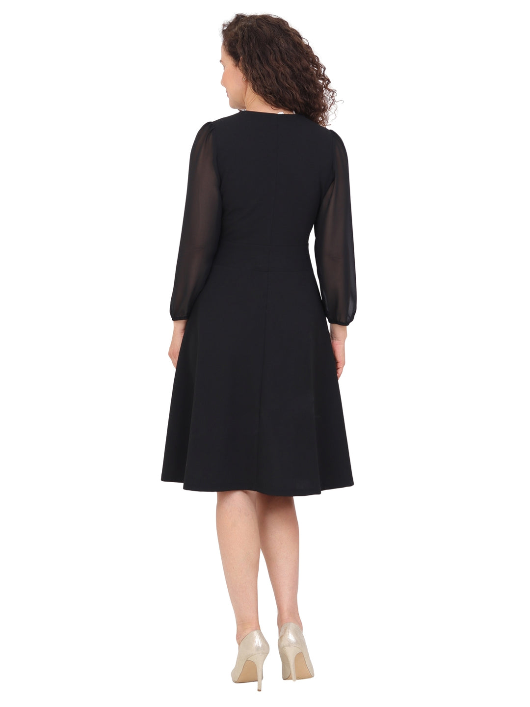 Vestido Cuello V, Con Aplicación en la Cintura, Liso