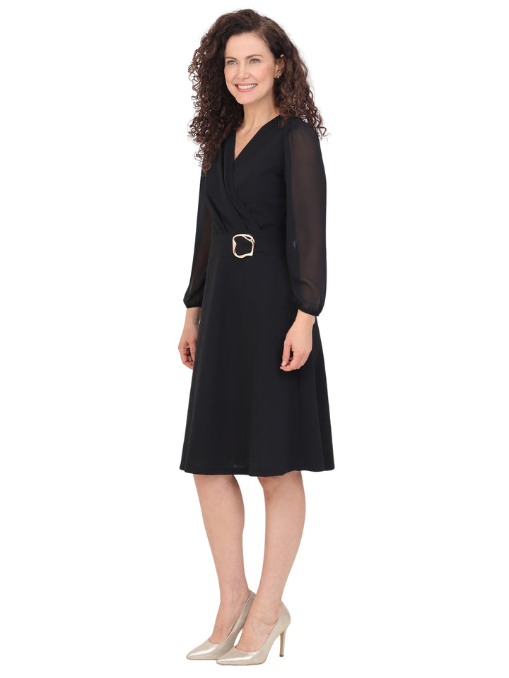 Vestido Cuello V, Con Aplicación en la Cintura, Liso