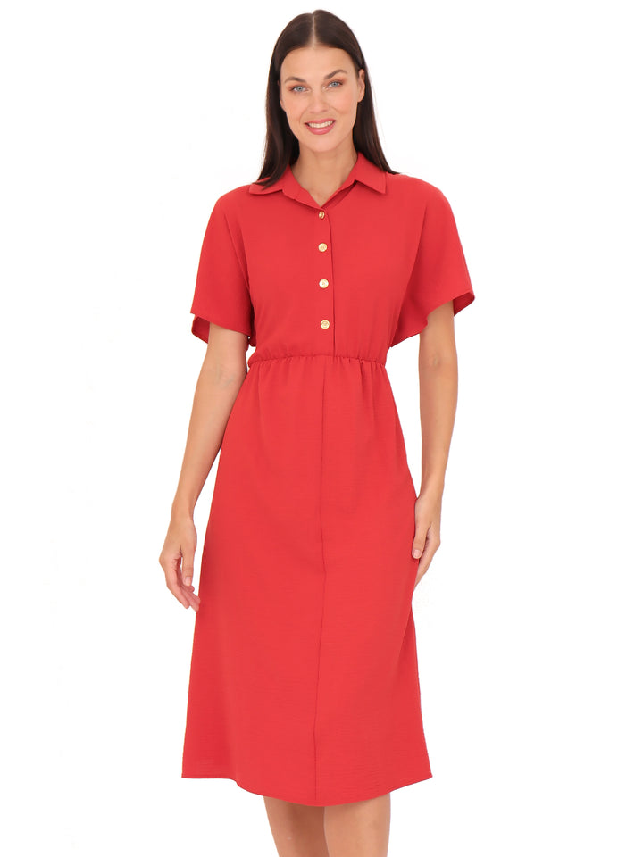 Vestido Cuello Camisero, botones al Frente, Manga Corta, Liso