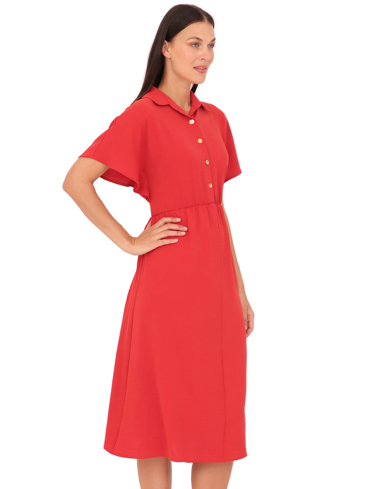 Vestido Cuello Camisero, botones al Frente, Manga Corta, Liso