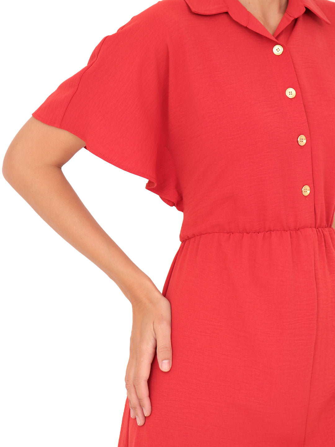 Vestido Cuello Camisero, botones al Frente, Manga Corta, Liso