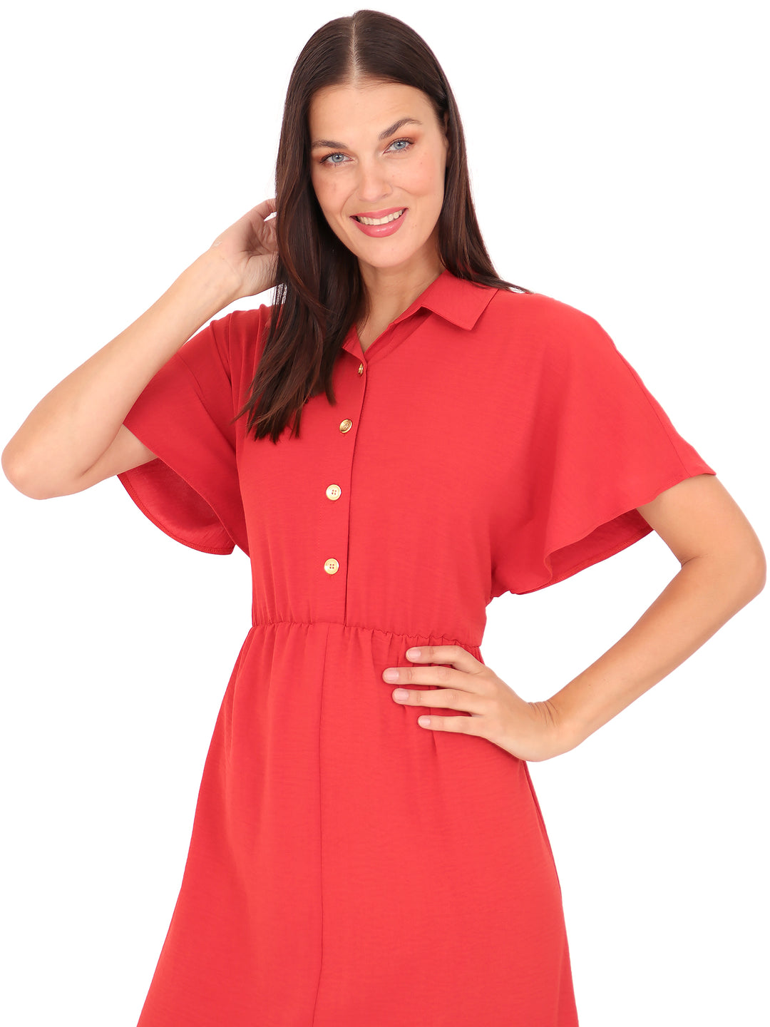 Vestido Cuello Camisero, botones al Frente, Manga Corta, Liso