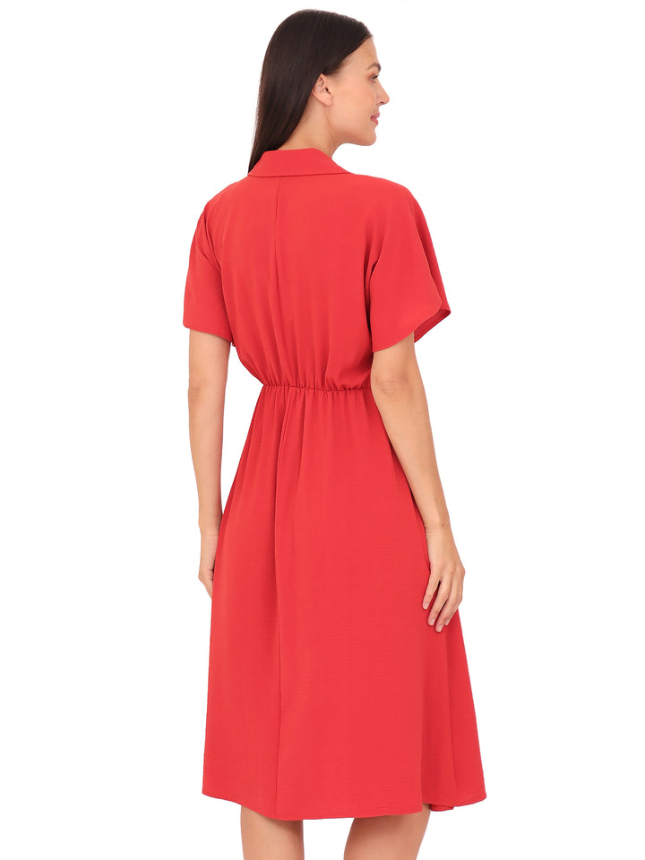 Vestido Cuello Camisero, botones al Frente, Manga Corta, Liso