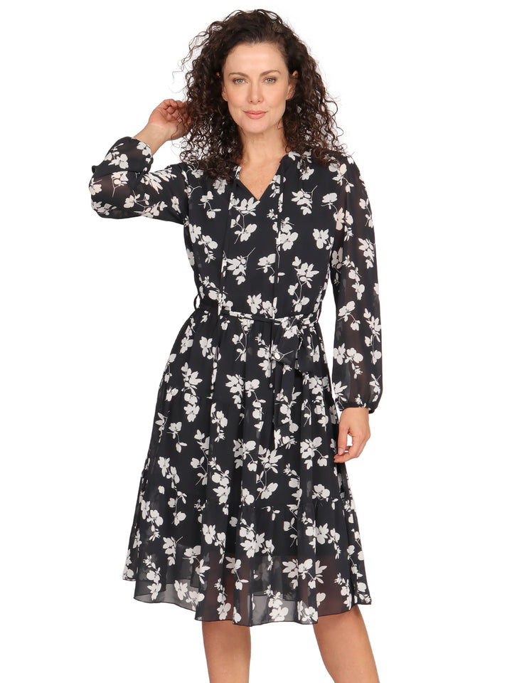 Vestido  Cuello Redondo con Amarre,  Manga Larga, Amarre en la Cintura, Estampado