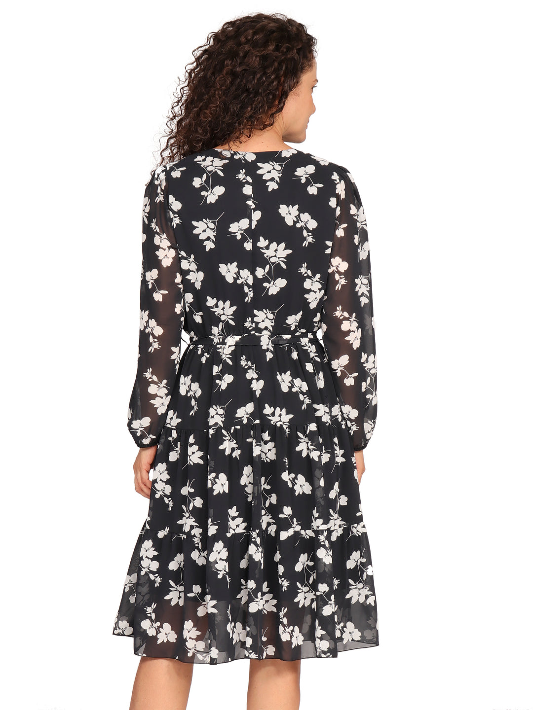 Vestido  Cuello Redondo con Amarre,  Manga Larga, Amarre en la Cintura, Estampado