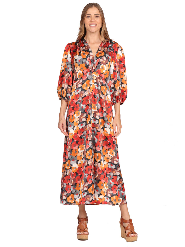 Vestido  Cuello V,  Manga 3/4, Estampado