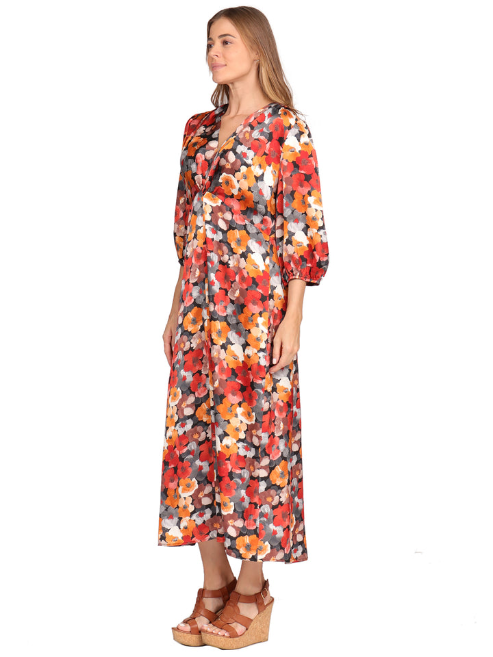 Vestido  Cuello V,  Manga 3/4, Estampado
