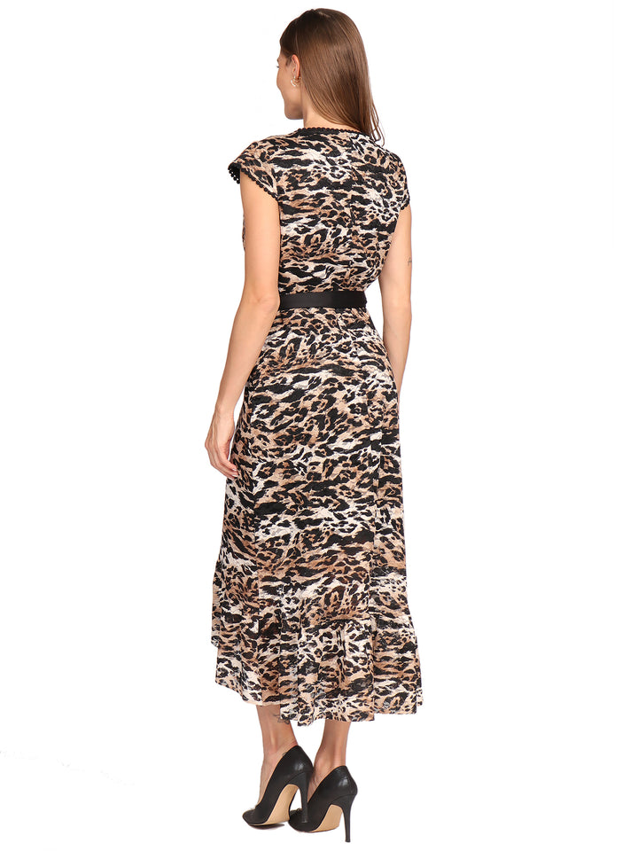 Vestido Cuello V,  Manga Corta, Amarre en la Cintura