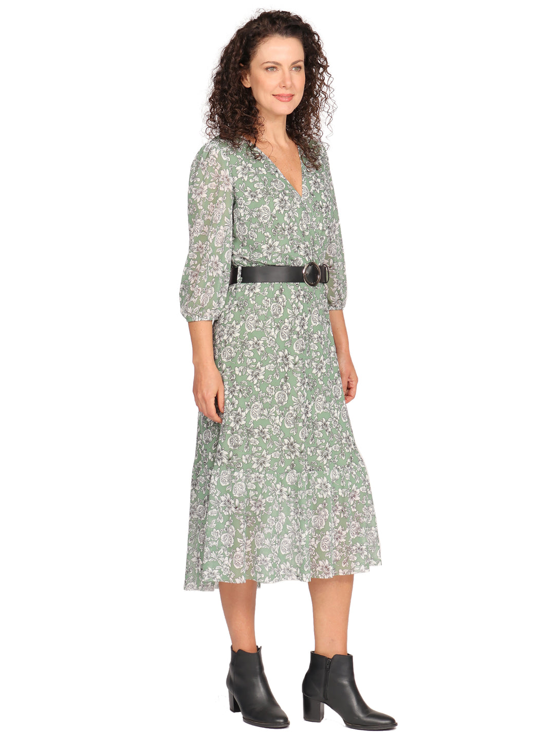 Vestido  Cuello V,  Manga 3/4, Con Cinturon, Largo, Estampado