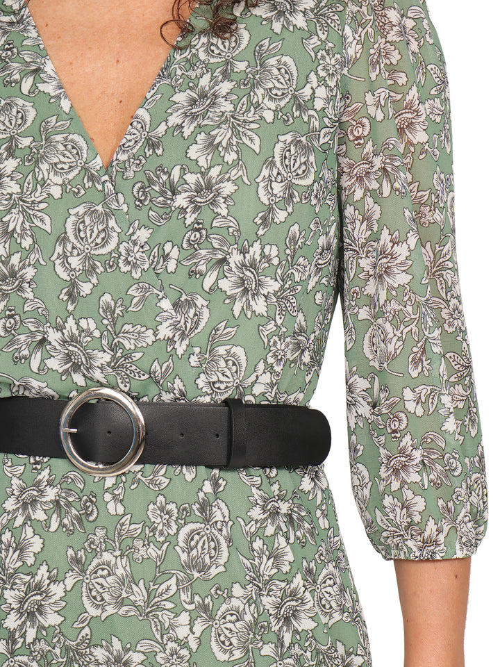 Vestido  Cuello V,  Manga 3/4, Con Cinturon, Largo, Estampado