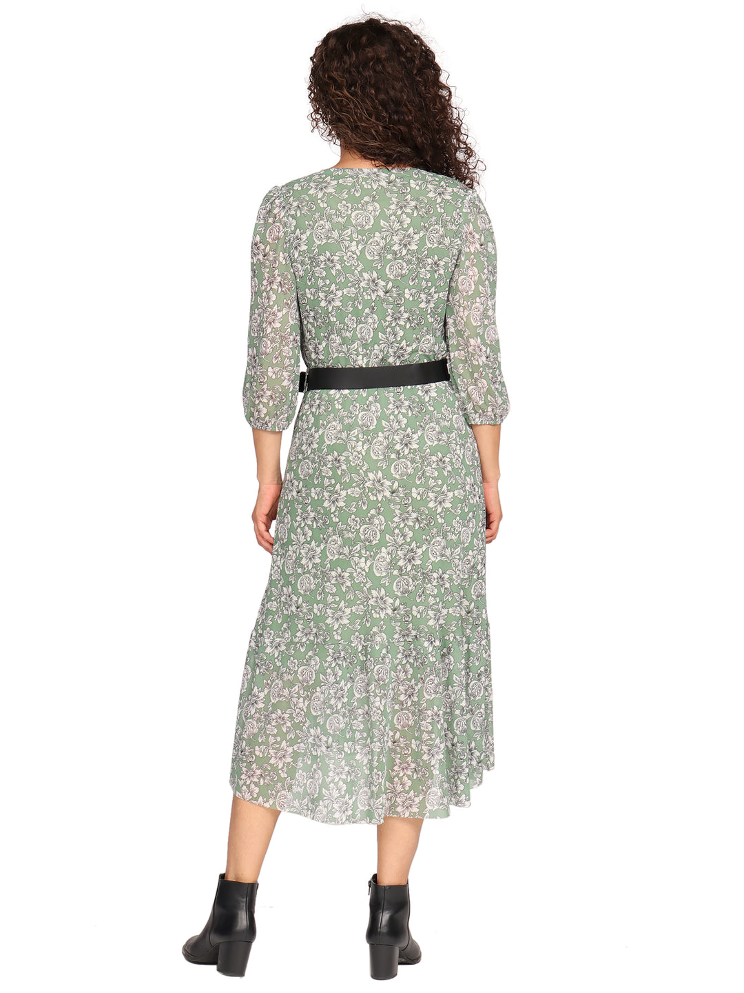Vestido  Cuello V,  Manga 3/4, Con Cinturon, Largo, Estampado
