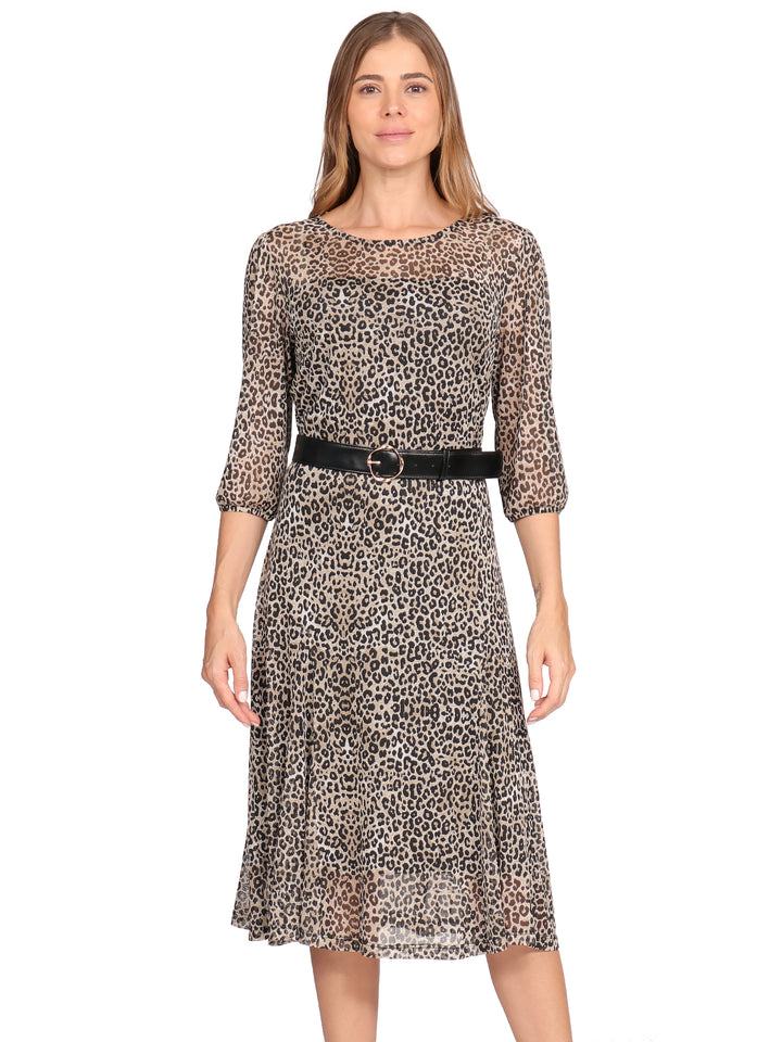 Vestido  Cuello Redondo,  Manga 3/4, Con Cinturon, Animal Print
