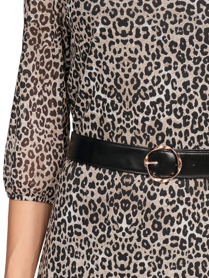 Vestido  Cuello Redondo,  Manga 3/4, Con Cinturon, Animal Print